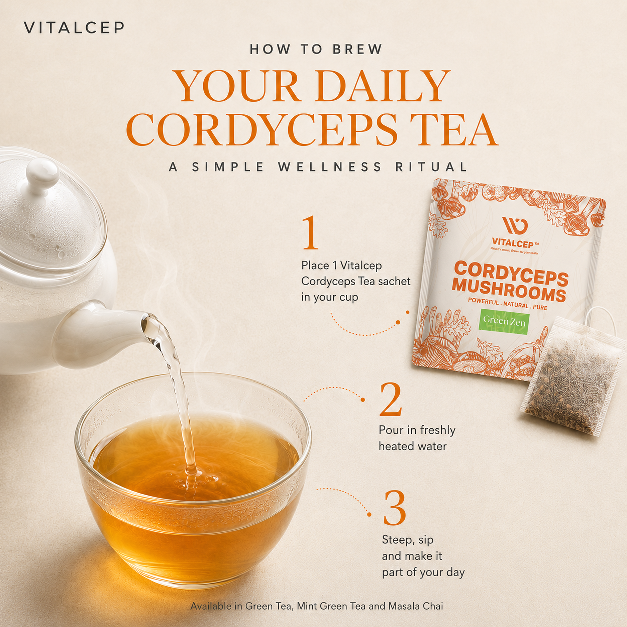 Green Zen | Cordycep Infused Green Tea (Whole Leaf) | 15 Sachets